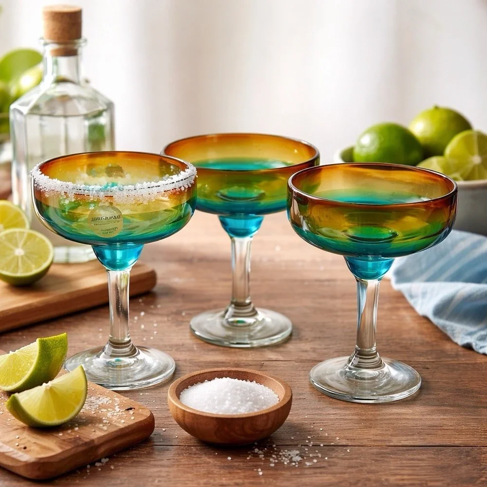 Amici Home Margarita Glasses Set of 3 Hand Blown Mexico Blue Amber Art Glass